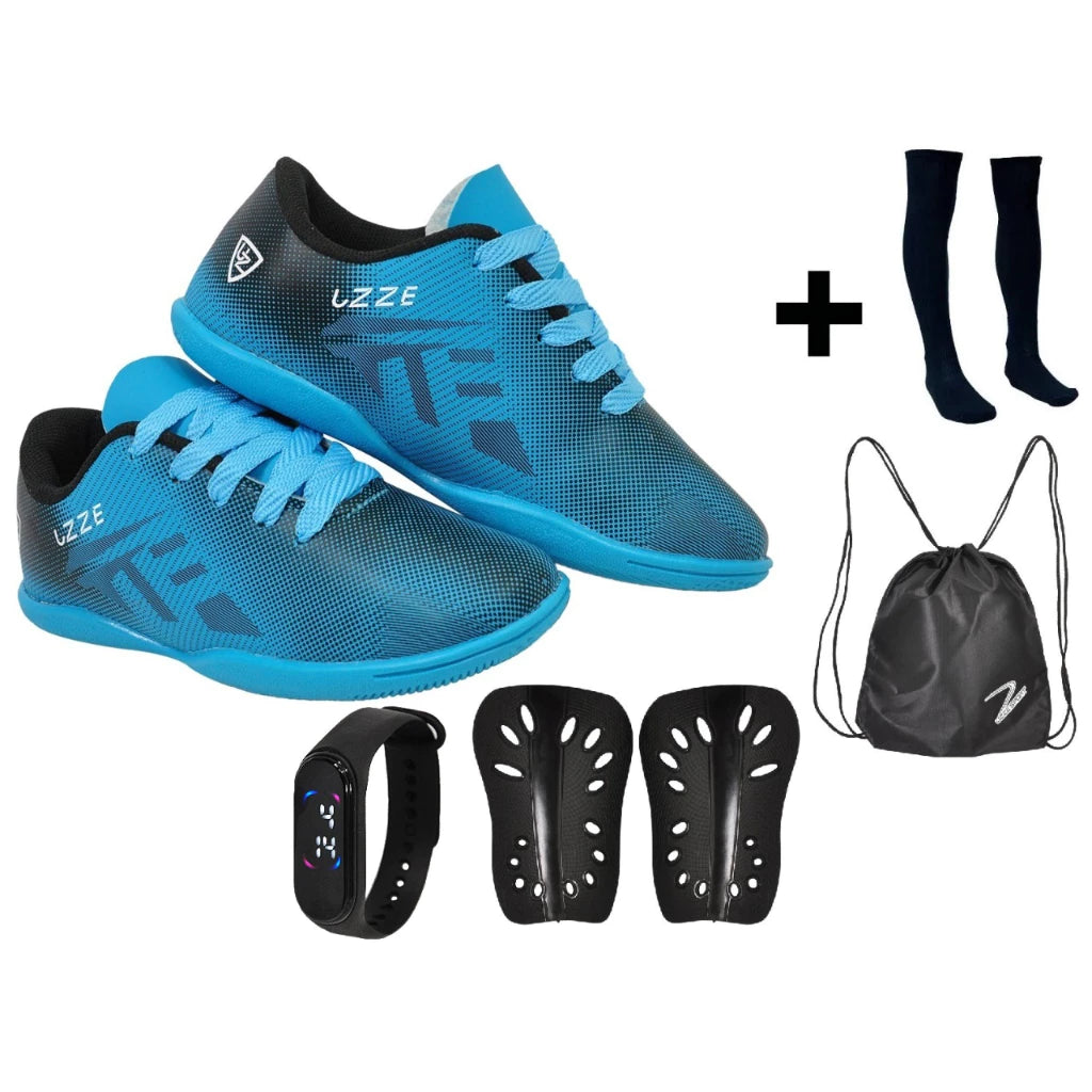 Chuteira Futsal Infantil Uzze Sport Kit Meião Caneleira Mochila