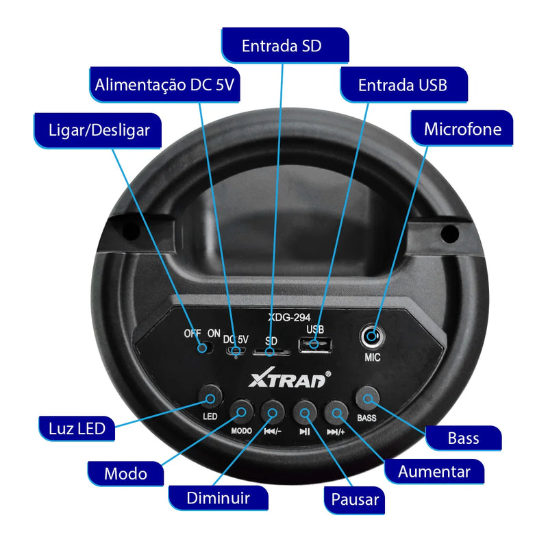 Caixa de som Bluetooth ilminação LED RGB Portátil TWS XDG-294 - Teus Pulos