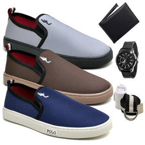 Kit 3 Tênis Classic Slip On Combo Relógio + Carteira + Cinto e Meia - Teus Pulos