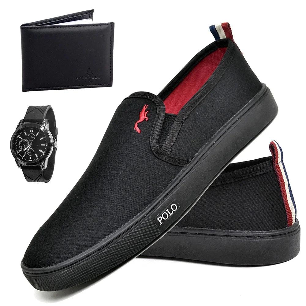 Kit Tênis Casual Masculino Slip-On + Relógio e Carteira - Teus Pulos