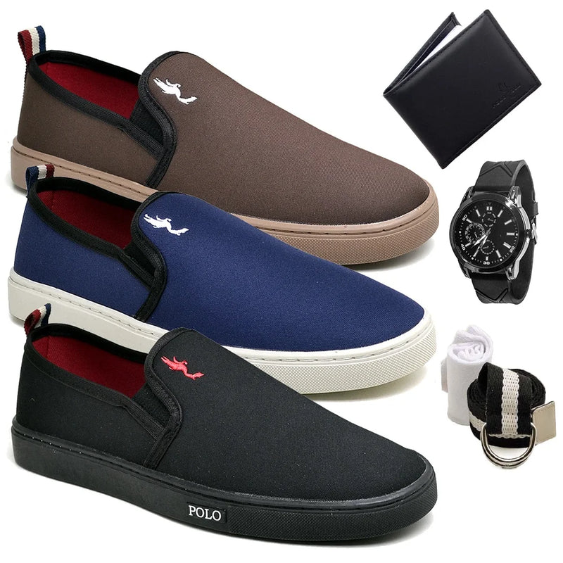 Kit 3 Tênis Classic Slip On Combo Relógio + Carteira + Cinto e Meia - Teus Pulos