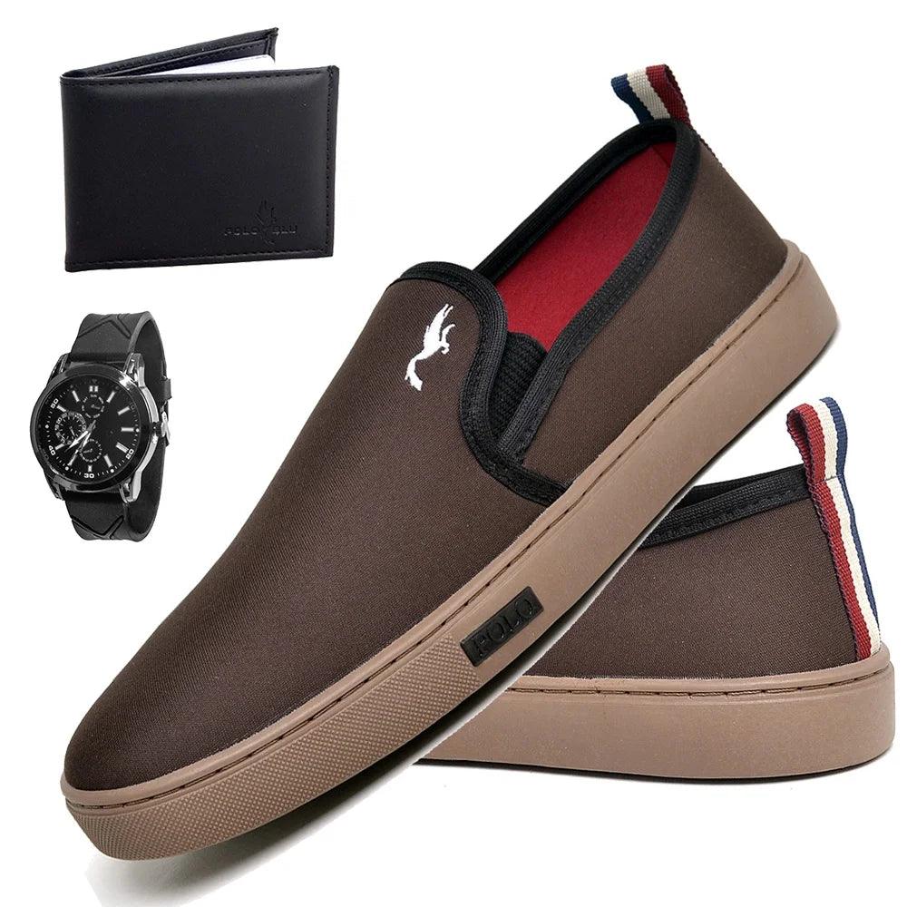 Kit Tênis Casual Masculino Slip-On + Relógio e Carteira - Teus Pulos