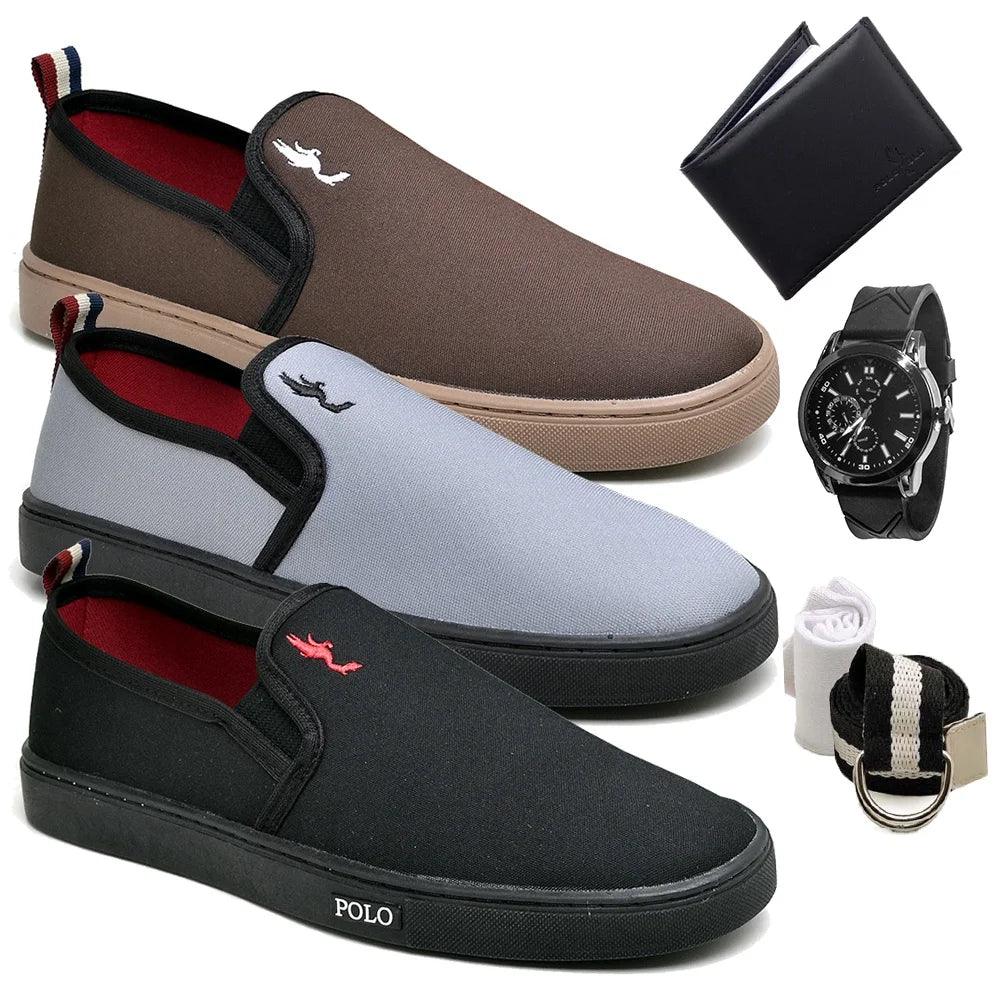 Kit 3 Tênis Classic Slip On Combo Relógio + Carteira + Cinto e Meia - Teus Pulos