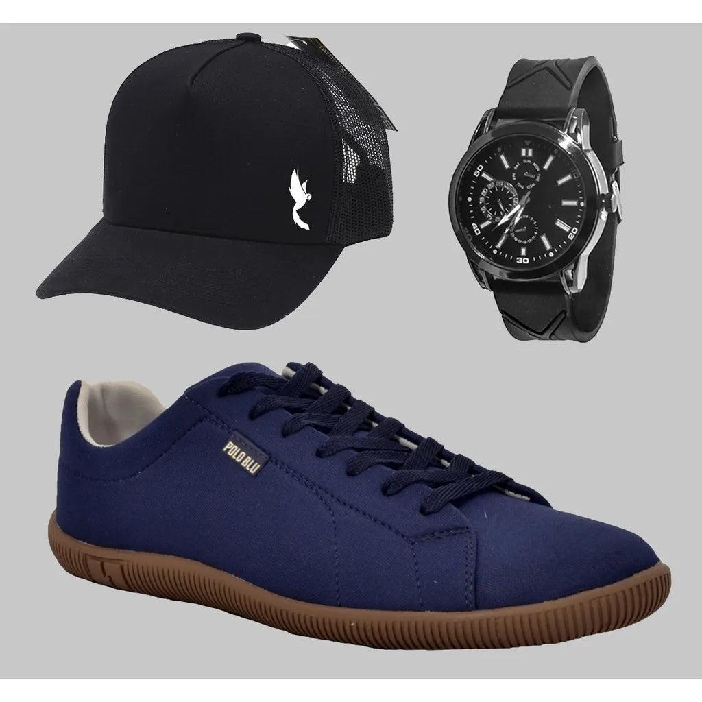 Men's Casual Tennis Kit Polo Blu Shoes With Watch and Black Cap