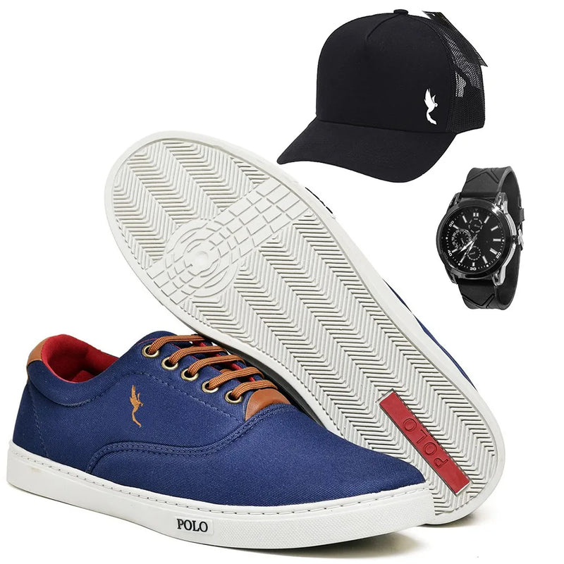 Kit Tênis Masculino Polo Blu Cano Baixo Casual+Relógio+Boné - Teus Pulos